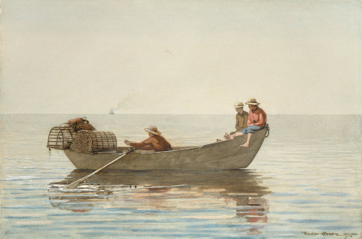 People Oil Painting - Boys in Boat with Lobster Pots at Sea - Oil Painting Haven