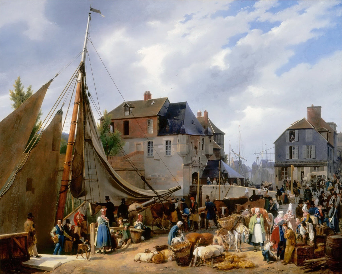 People Oil Painting - Busy Harbor Market and Sailing Boats - Oil Painting Haven