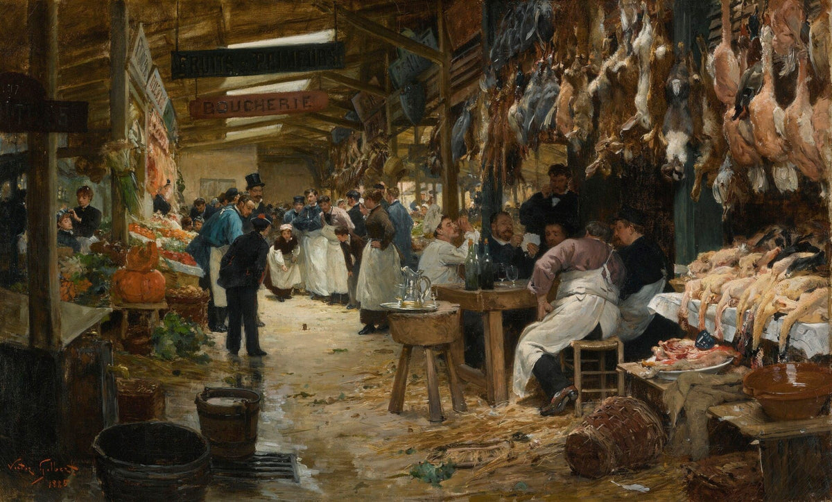 People Oil Painting - Busy Paris Market Interior Scene - Oil Painting Haven