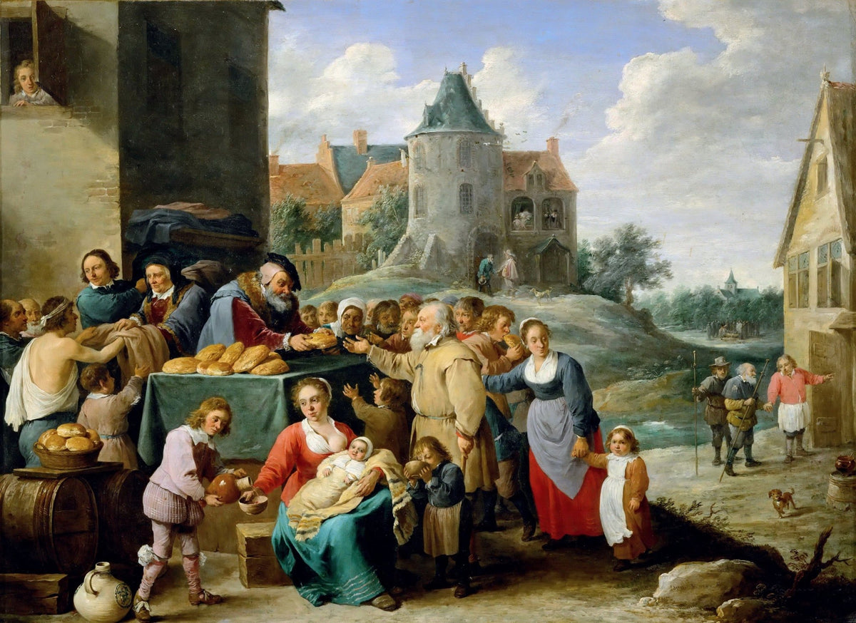 People Oil Painting - Charity Scene with Figures in Village - Oil Painting Haven