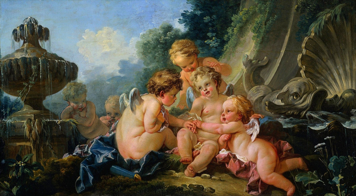 People Oil Painting - Cherubs by Fountain in Rococo Garden - Oil Painting Haven