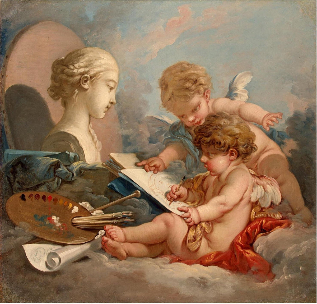 People Oil Painting - Cherubs Drawing with Palette in Rococo - Oil Painting Haven