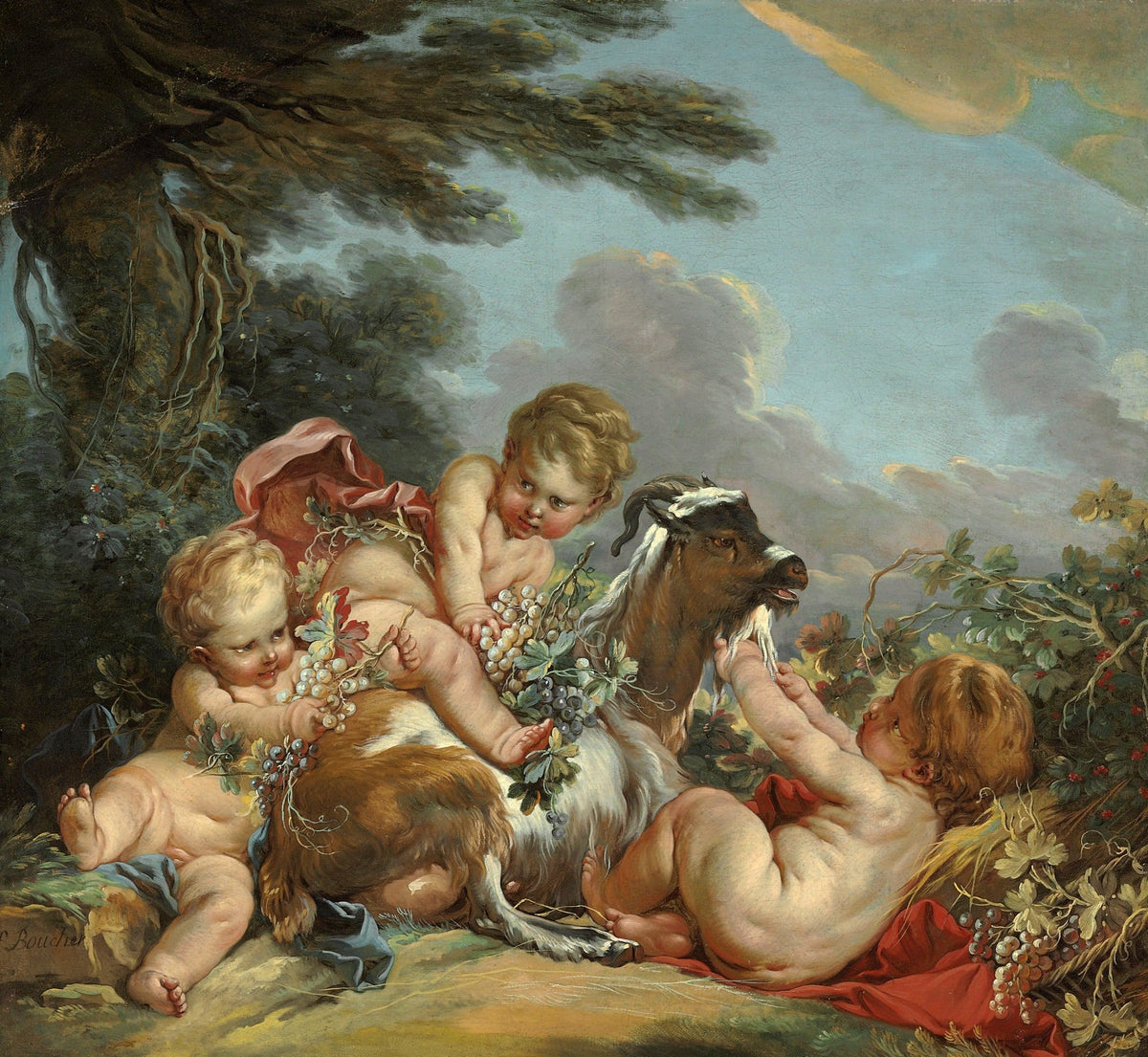 People Oil Painting - Cherubs Playing with Goat in Garden - Oil Painting Haven