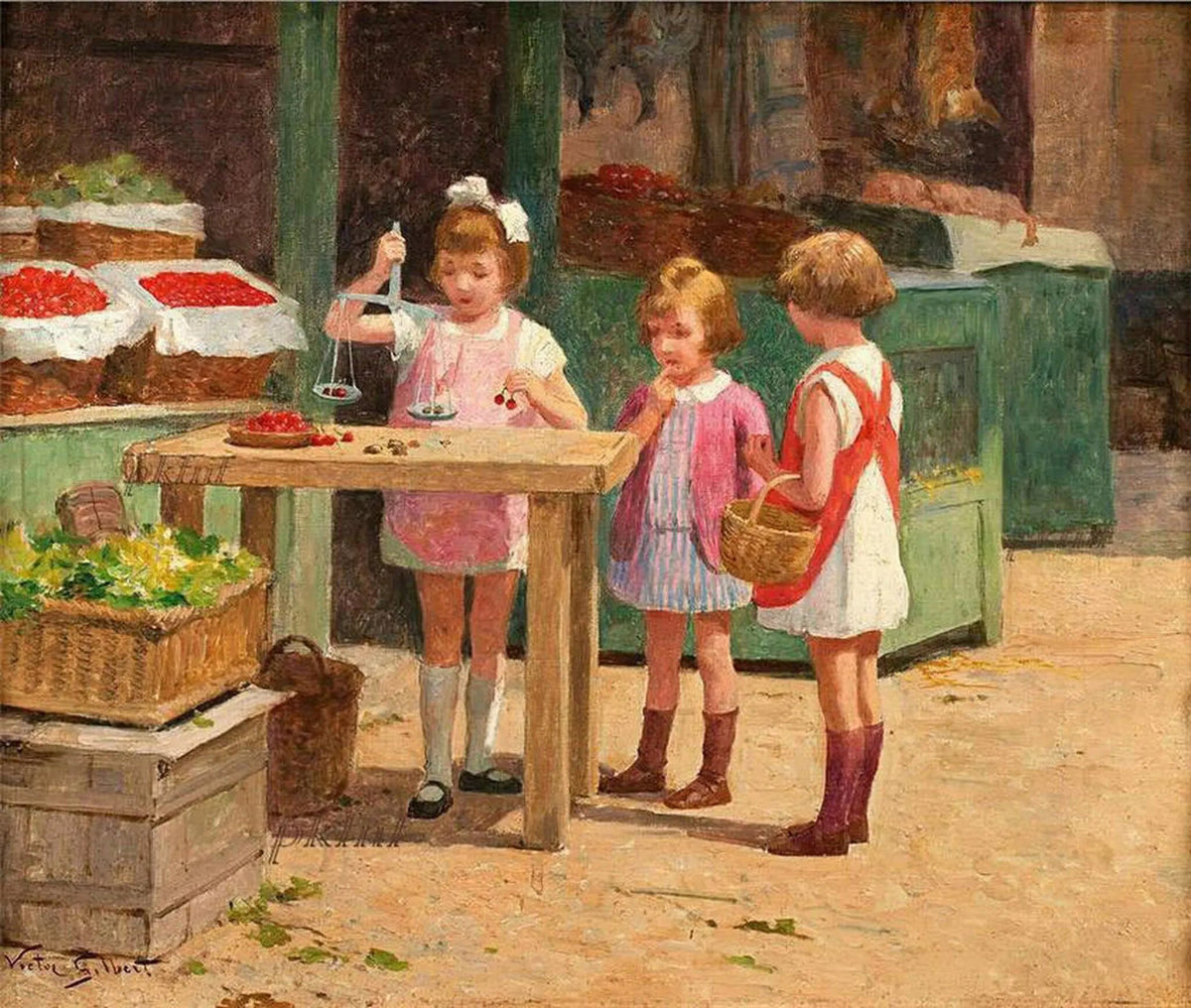 People Oil Painting - Children at Market with Cherries - Oil Painting Haven