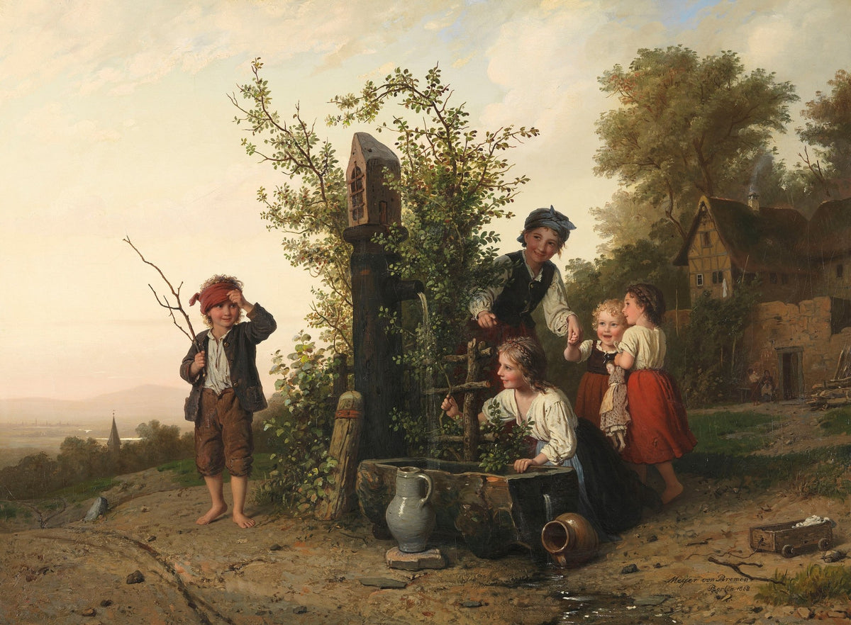 People Oil Painting - Children at Village Well Outdoor Scene - Oil Painting Haven