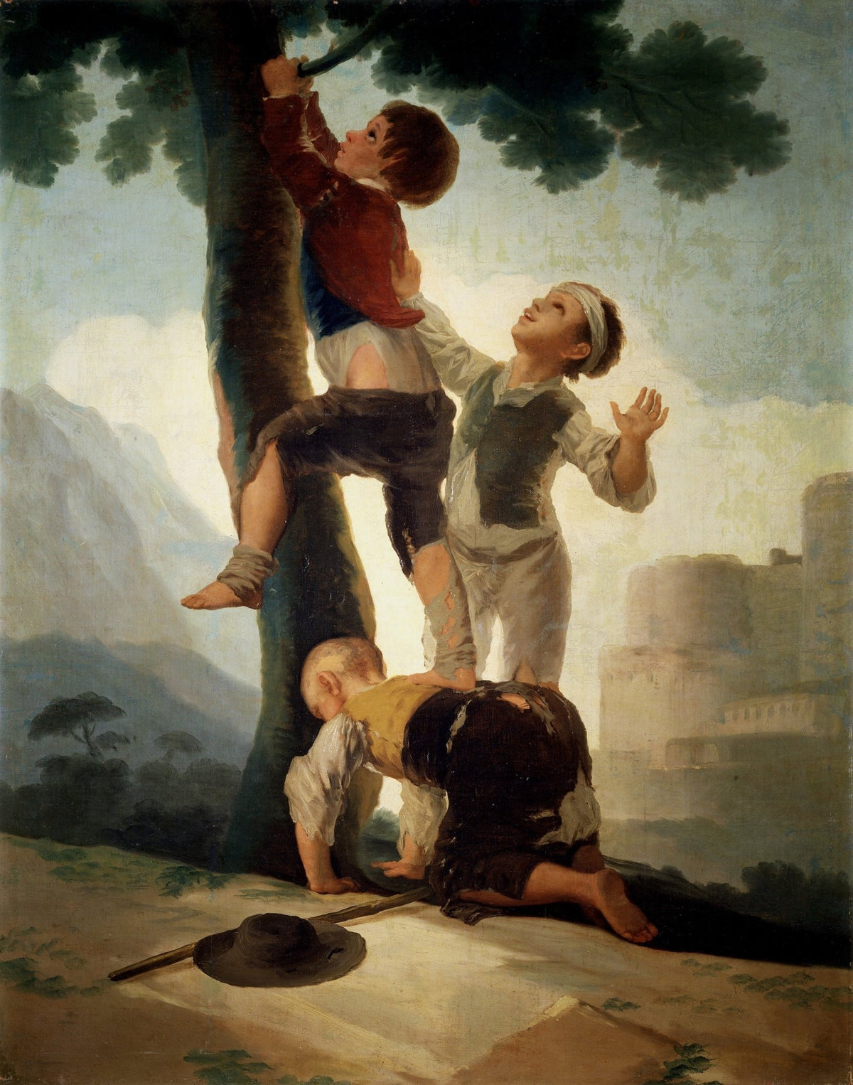 People Oil Painting - Children Climbing Tree Play Scene - Oil Painting Haven