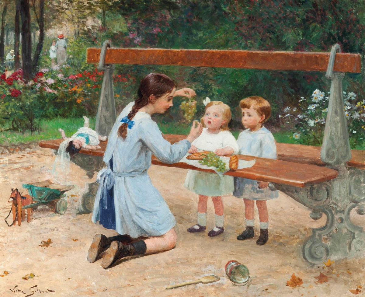 People Oil Painting - Children in Garden Feeding Scene - Oil Painting Haven