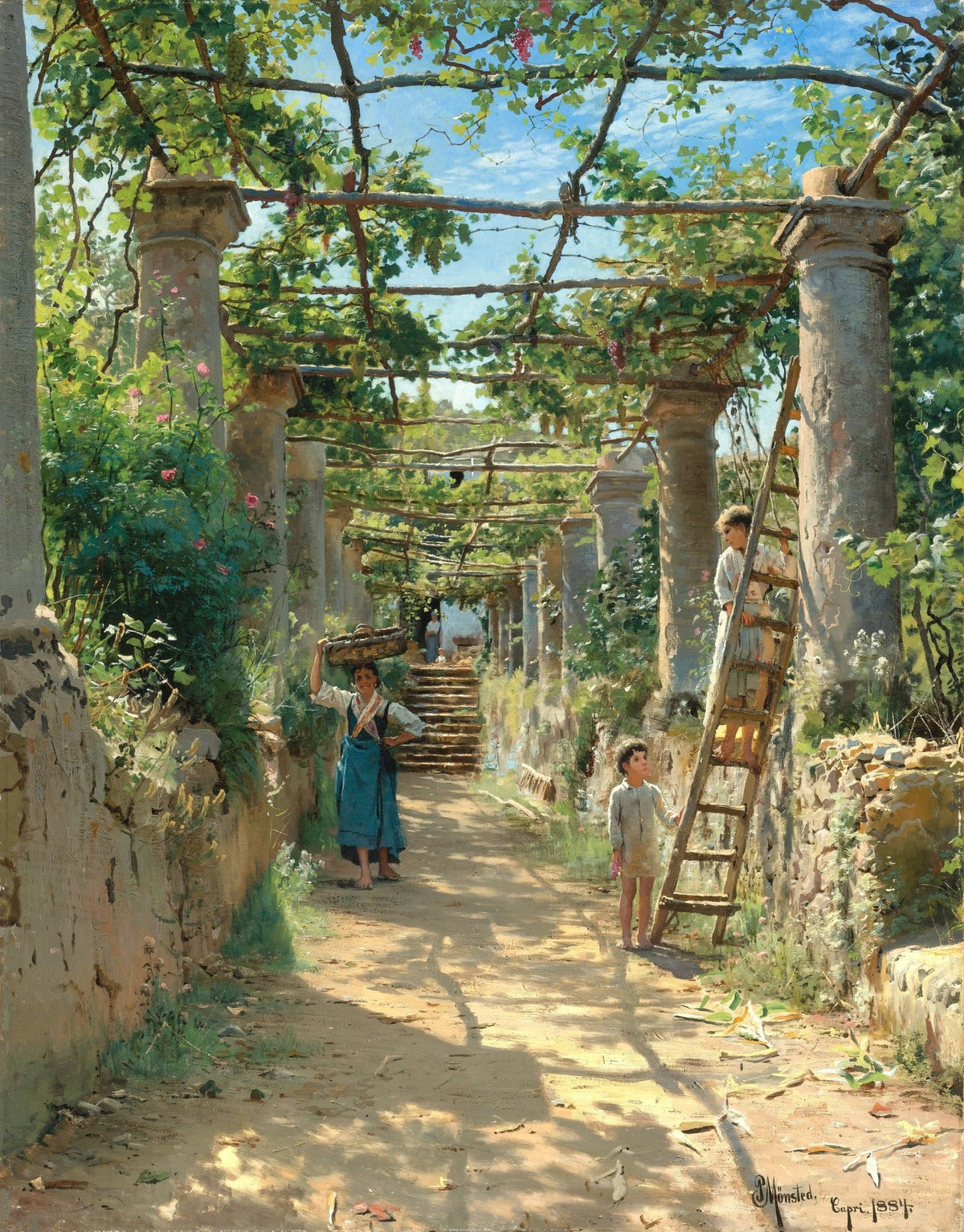 People Oil Painting - Children in Sunlit Vineyard Garden Path - Oil Painting Haven