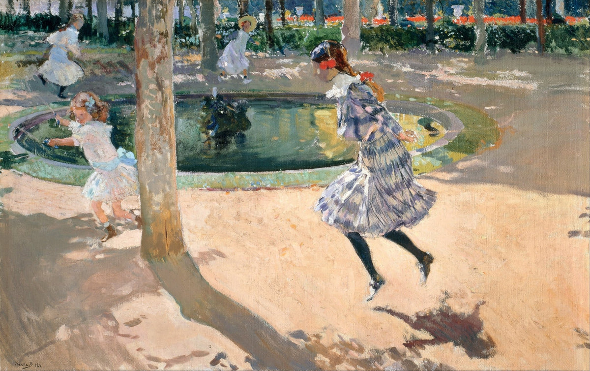 People Oil Painting - Children Playing by Garden Fountain - Oil Painting Haven