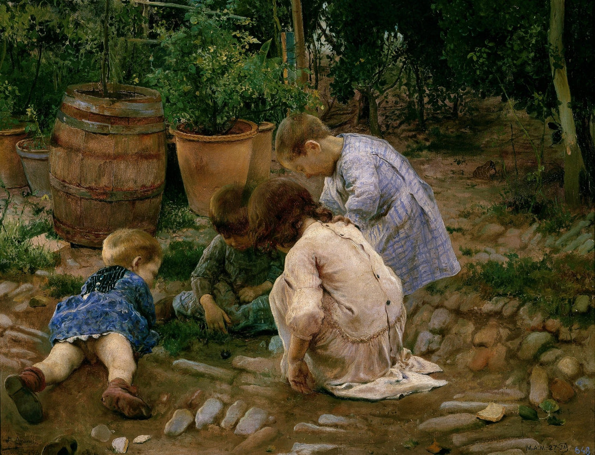 People Oil Painting - Children Playing in Garden Nature Scene - Oil Painting Haven