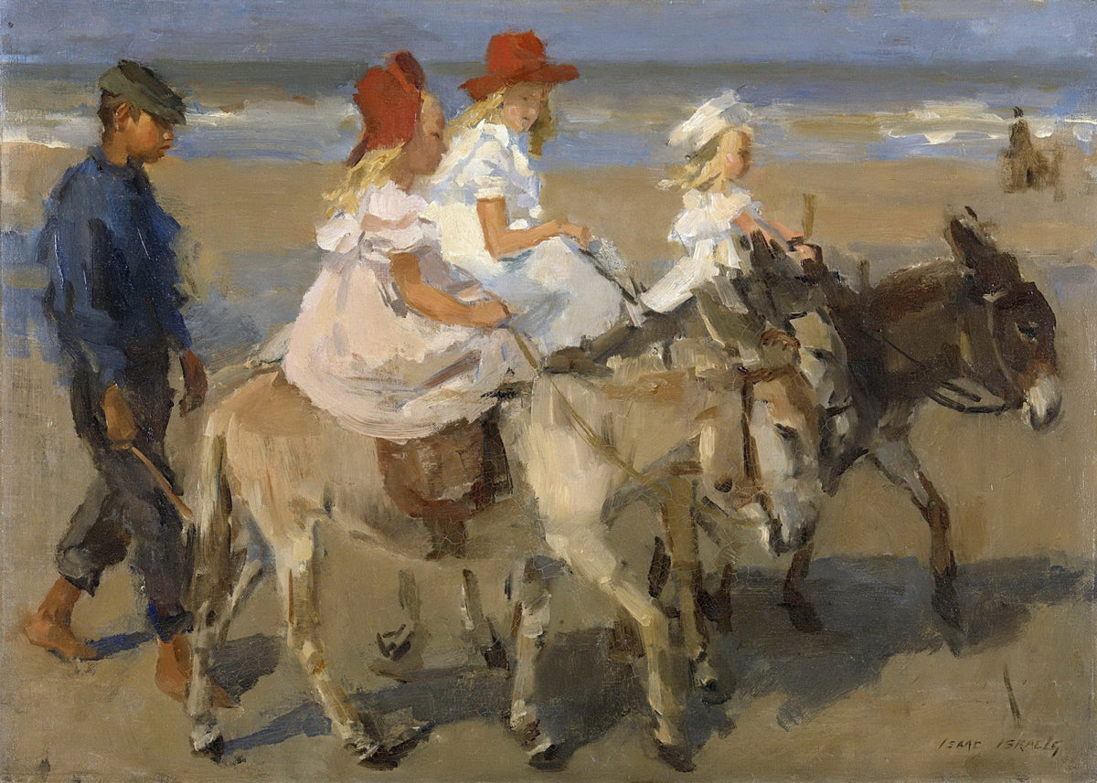 People Oil Painting - Children Riding Donkeys on Beach - Oil Painting Haven