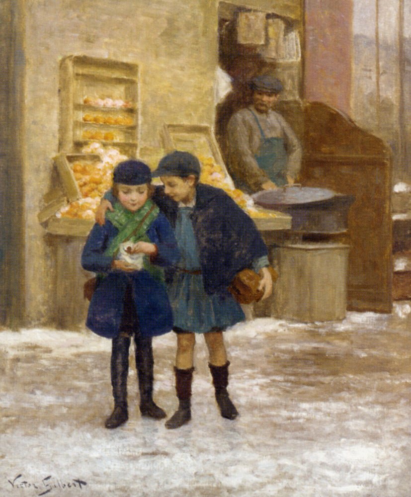People Oil Painting - Children Sharing Treats Winter Scene - Oil Painting Haven