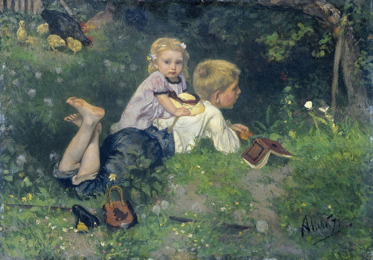 People Oil Painting - Children Watching Butterflies in Garden - Oil Painting Haven