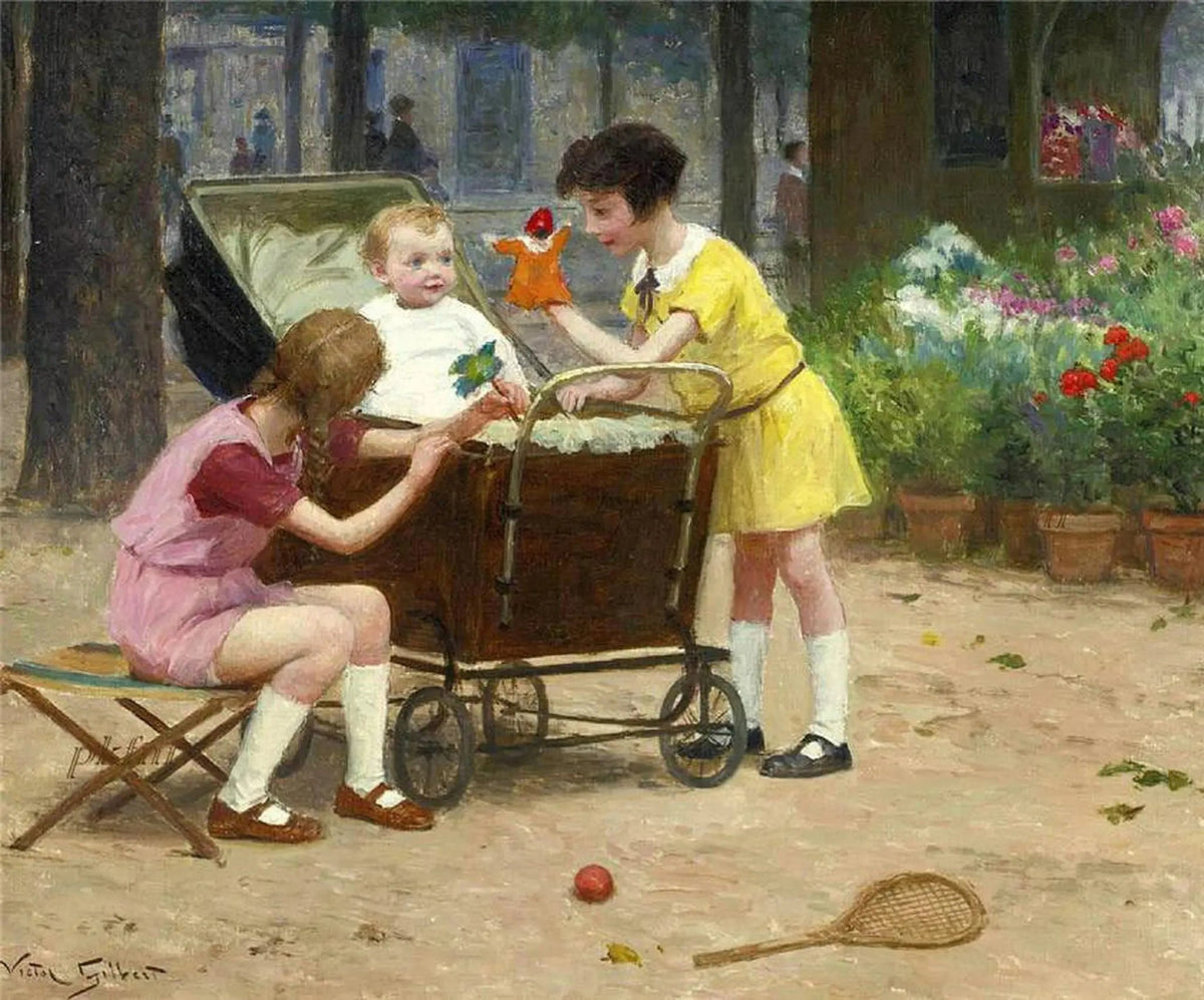 People Oil Painting - Children with Baby in Stroller - Oil Painting Haven