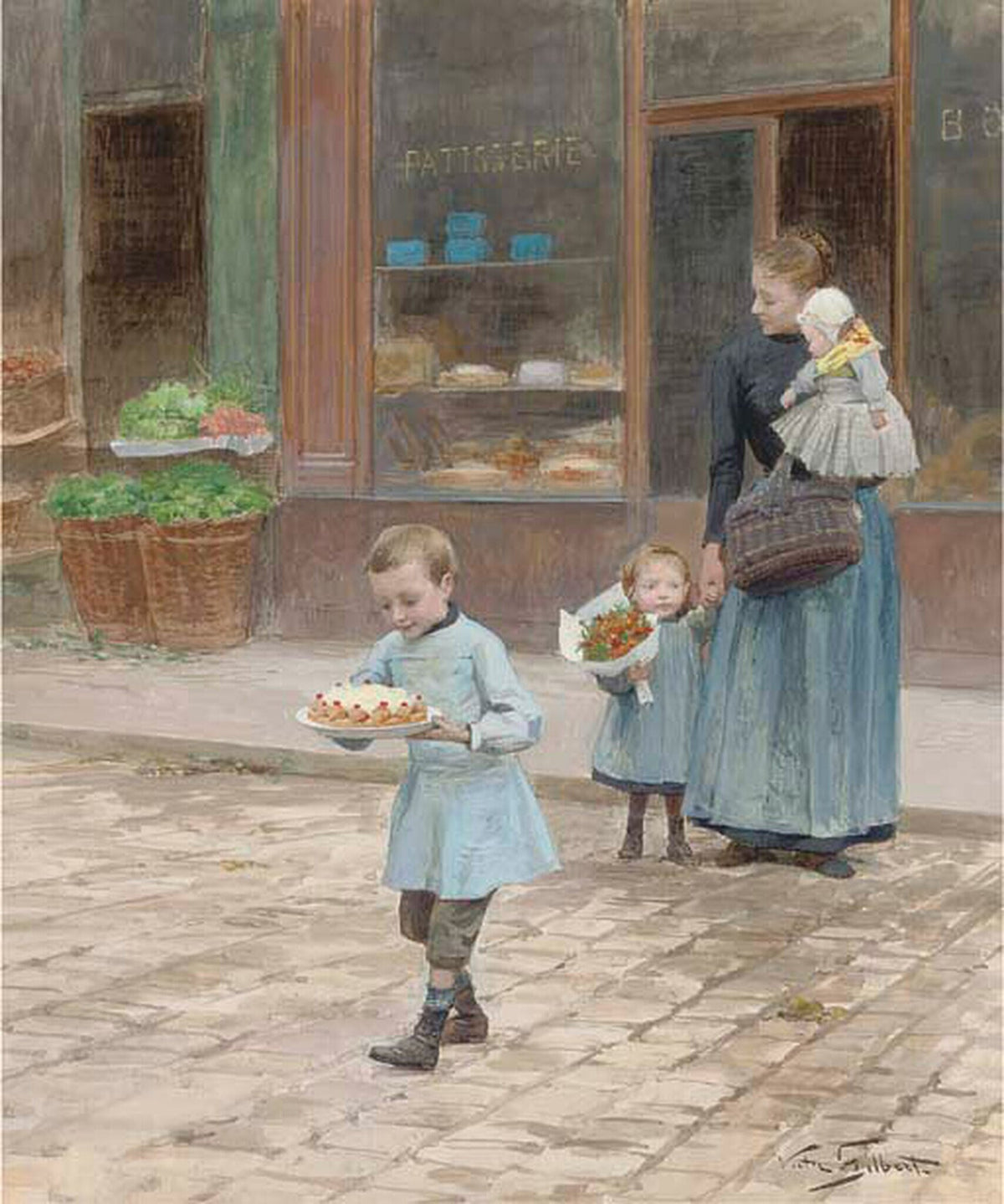 People Oil Painting - Children with Cake Outside Bakery - Oil Painting Haven