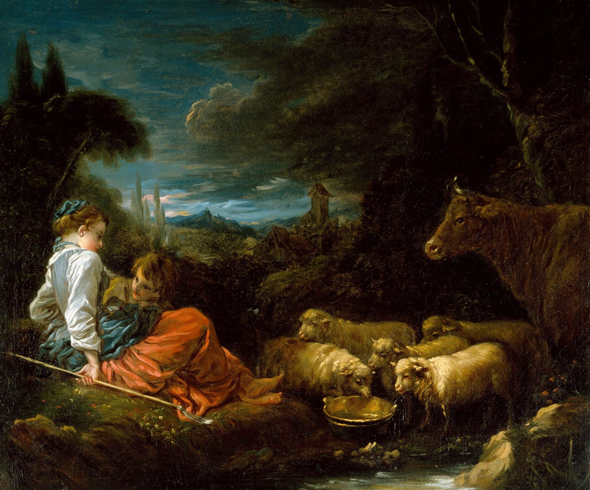People Oil Painting - Children with Sheep in Pastoral Scene - Oil Painting Haven