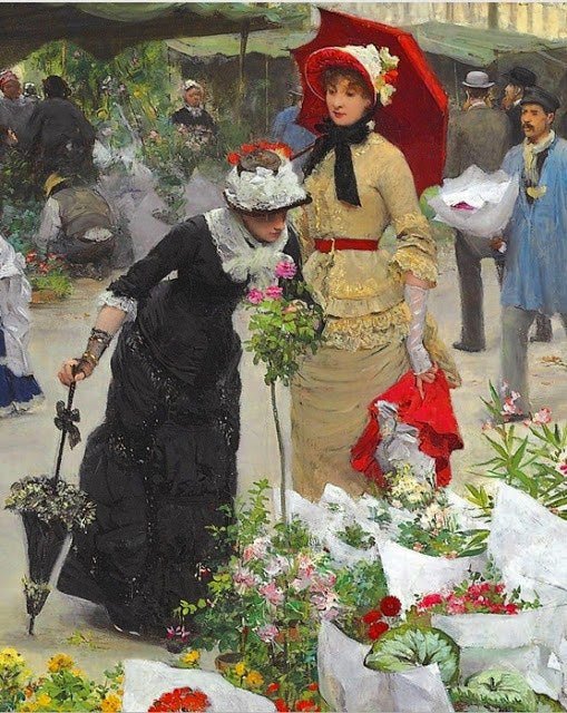 People Oil Painting - Elegant Ladies at Paris Flower Market - Oil Painting Haven