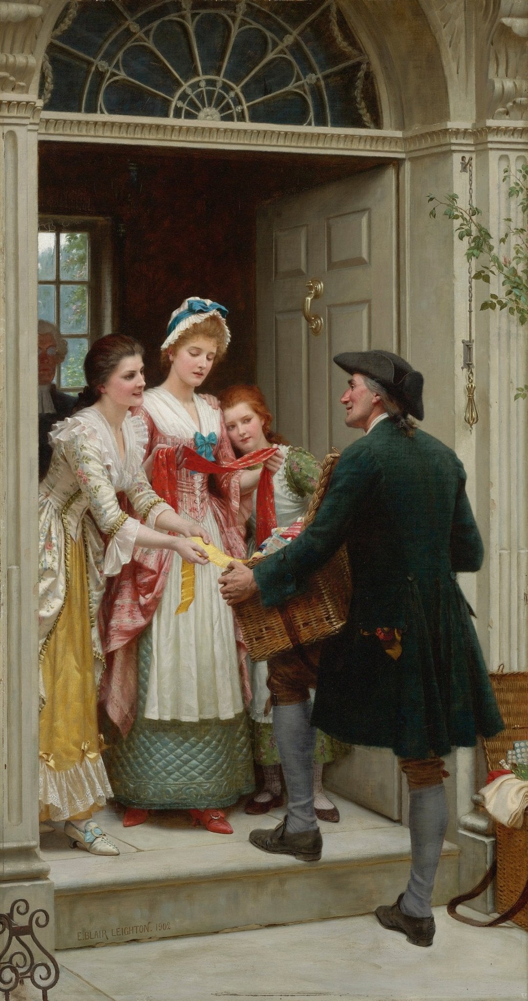 People Oil Painting - Elegant Ladies Greeting Merchant Scene - Oil Painting Haven