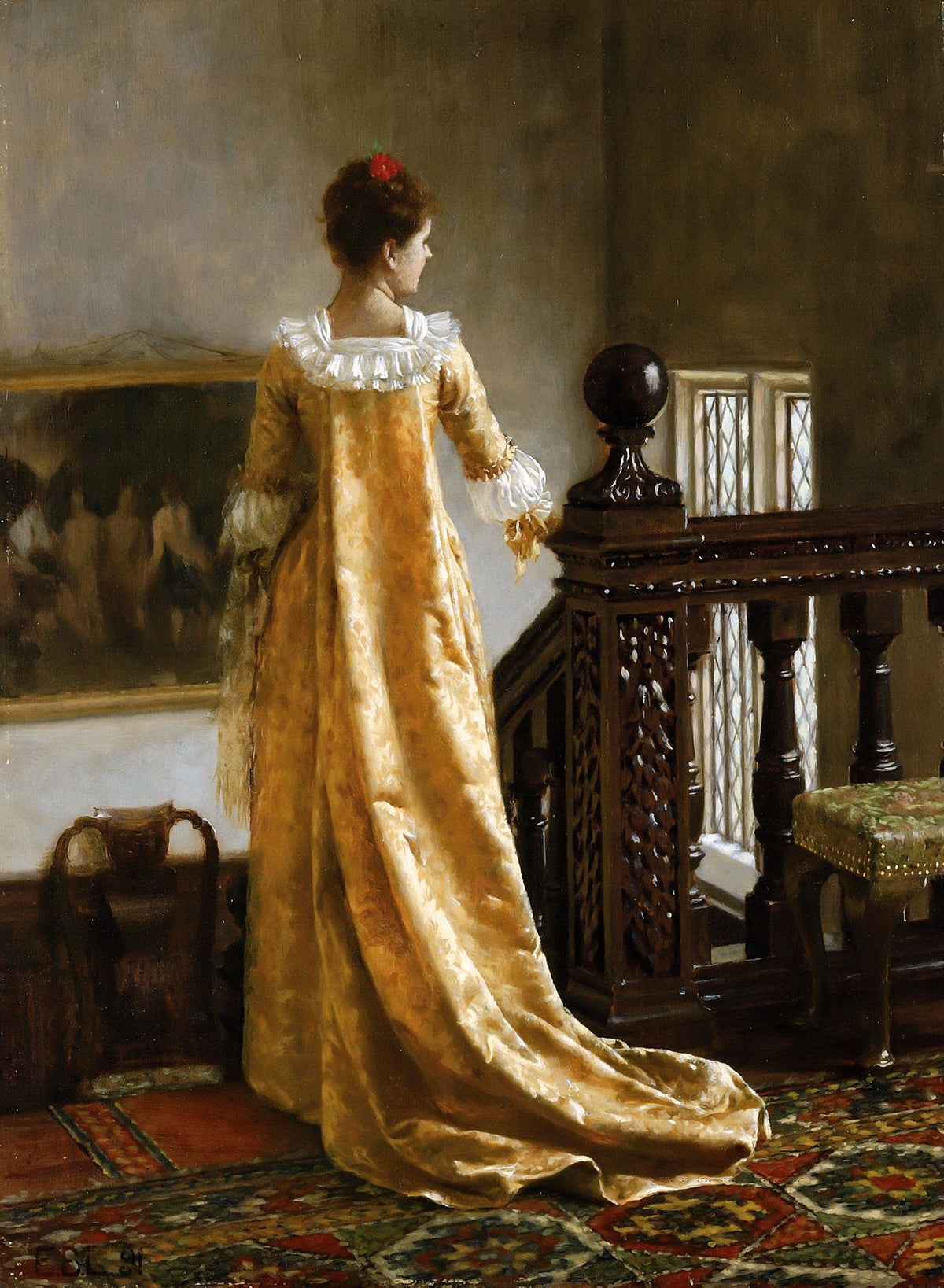 People Oil Painting - Elegant Lady in Golden Dress Interior - Oil Painting Haven