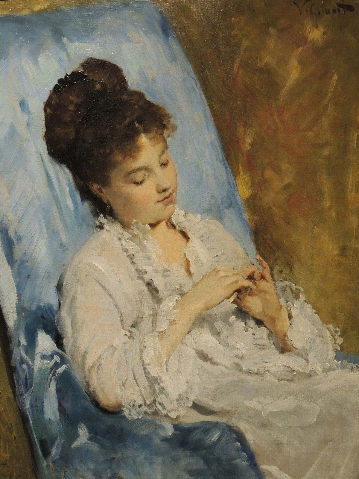 People Oil Painting - Elegant Lady Resting in Soft Light Portrait - Oil Painting Haven