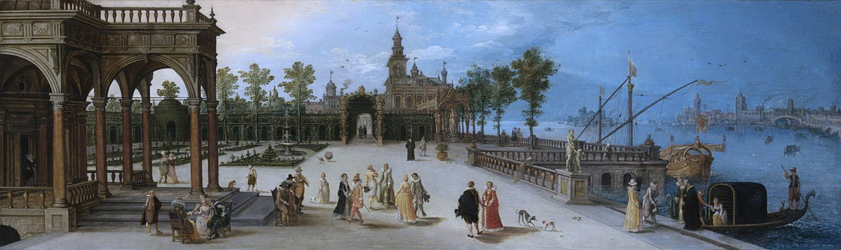 People Oil Painting - Elegant Terrace Scene by Venetian Harbor - Oil Painting Haven