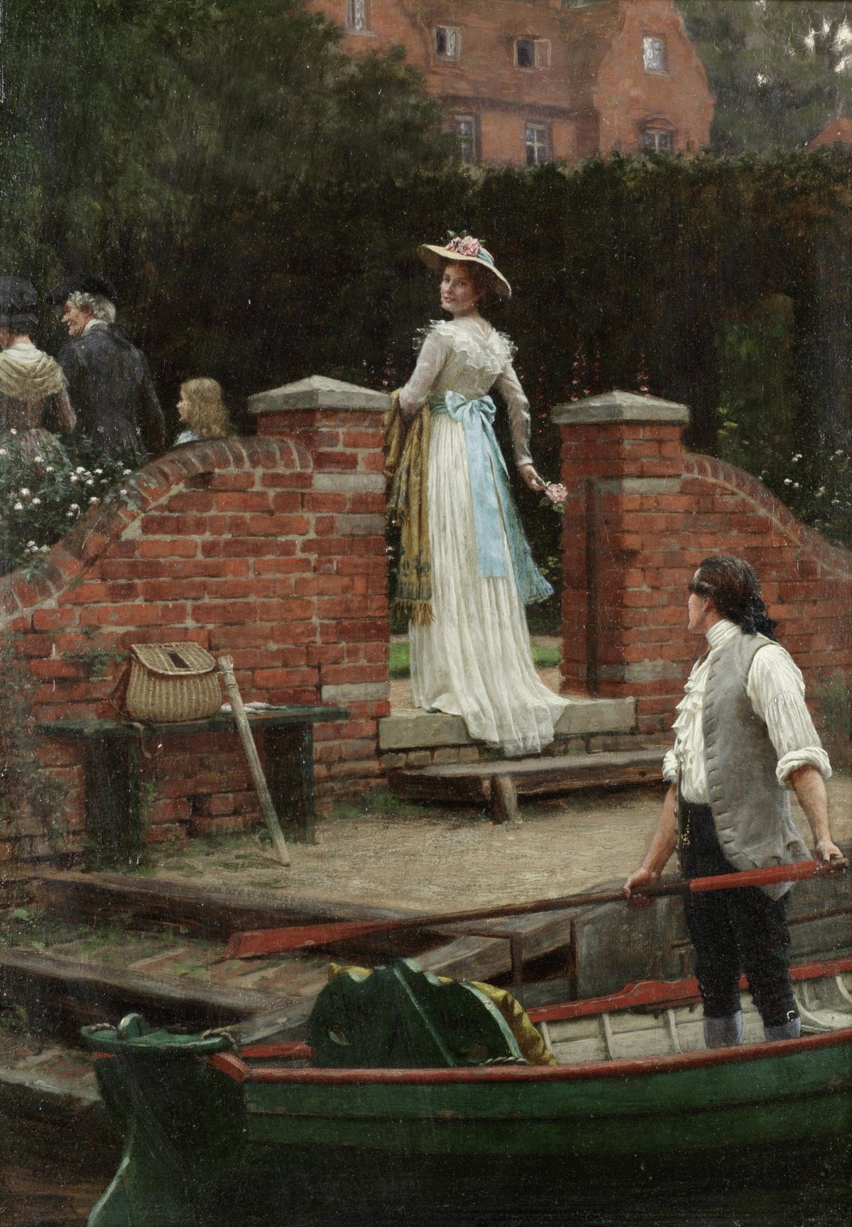 People Oil Painting - Elegant Woman at Riverside Garden Gate - Oil Painting Haven