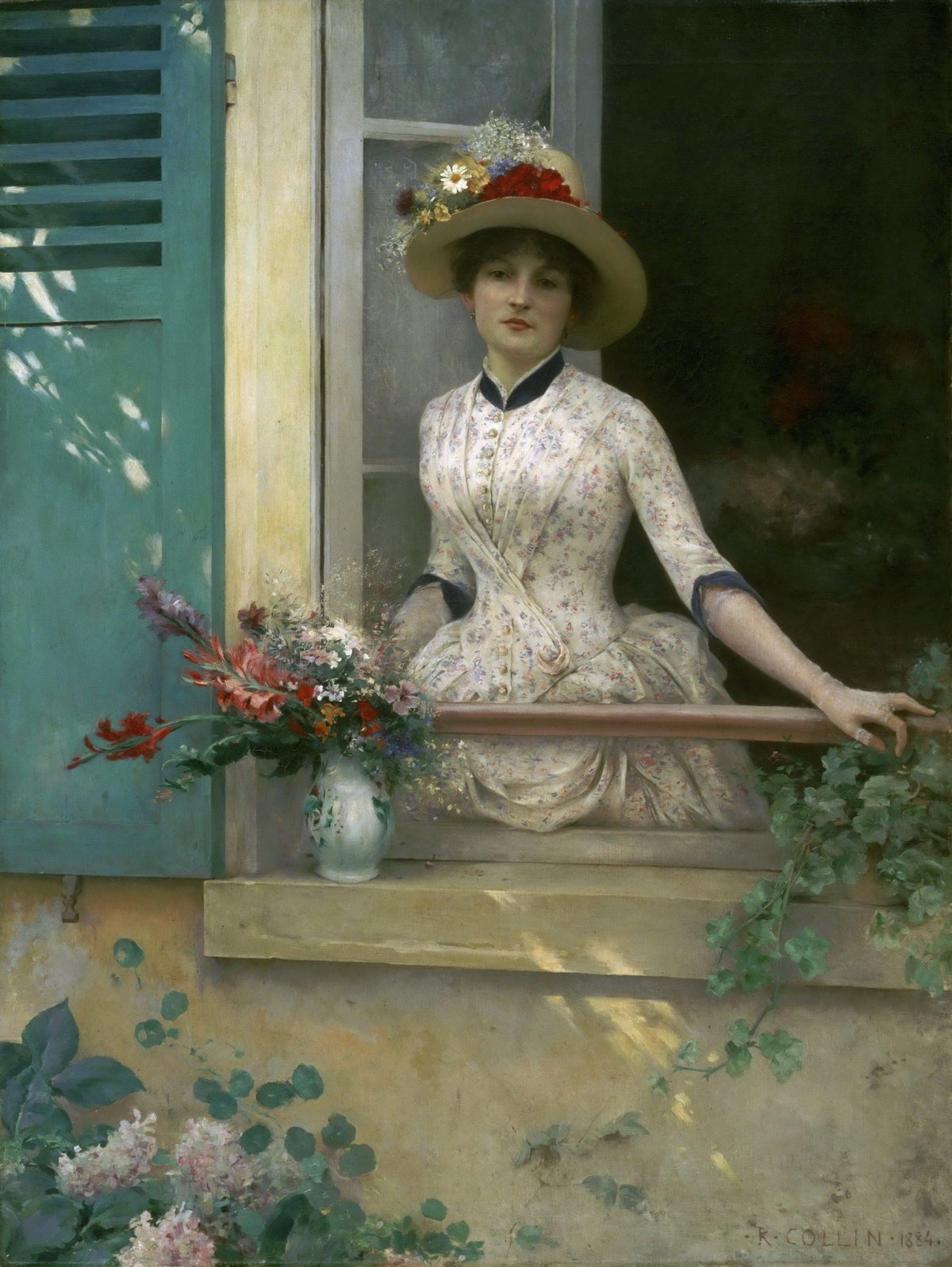 People Oil Painting - Elegant Woman at Window with Flowers - Oil Painting Haven