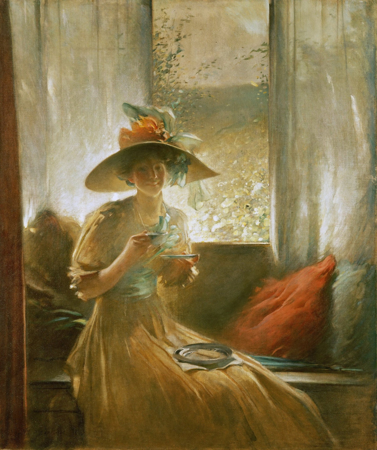 People Oil Painting - Elegant Woman with Tea by Window - Oil Painting Haven