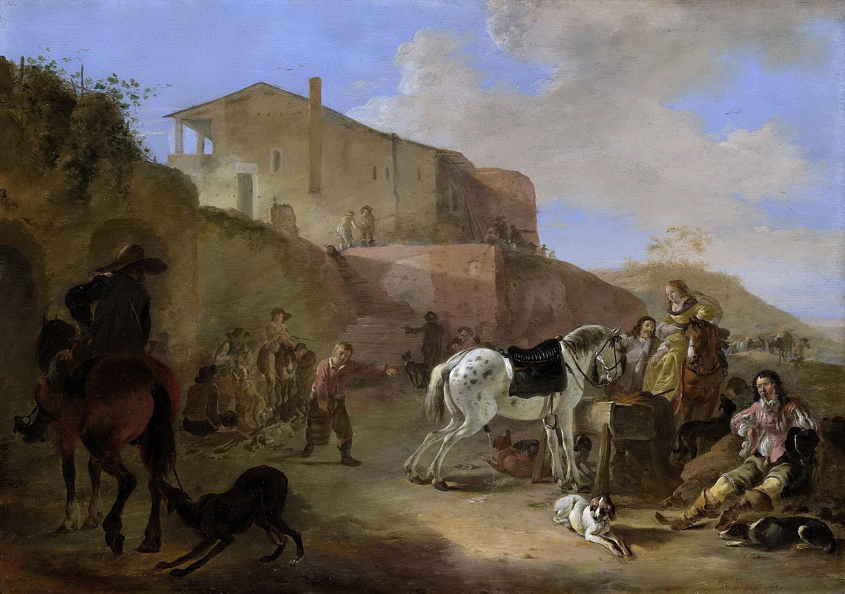 People Oil Painting - Equestrian Village Scene with Figures - Oil Painting Haven
