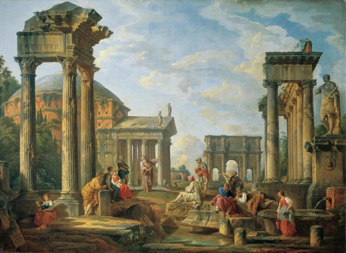 People Oil Painting - Figures Among Ancient Ruins Wall Art - Oil Painting Haven