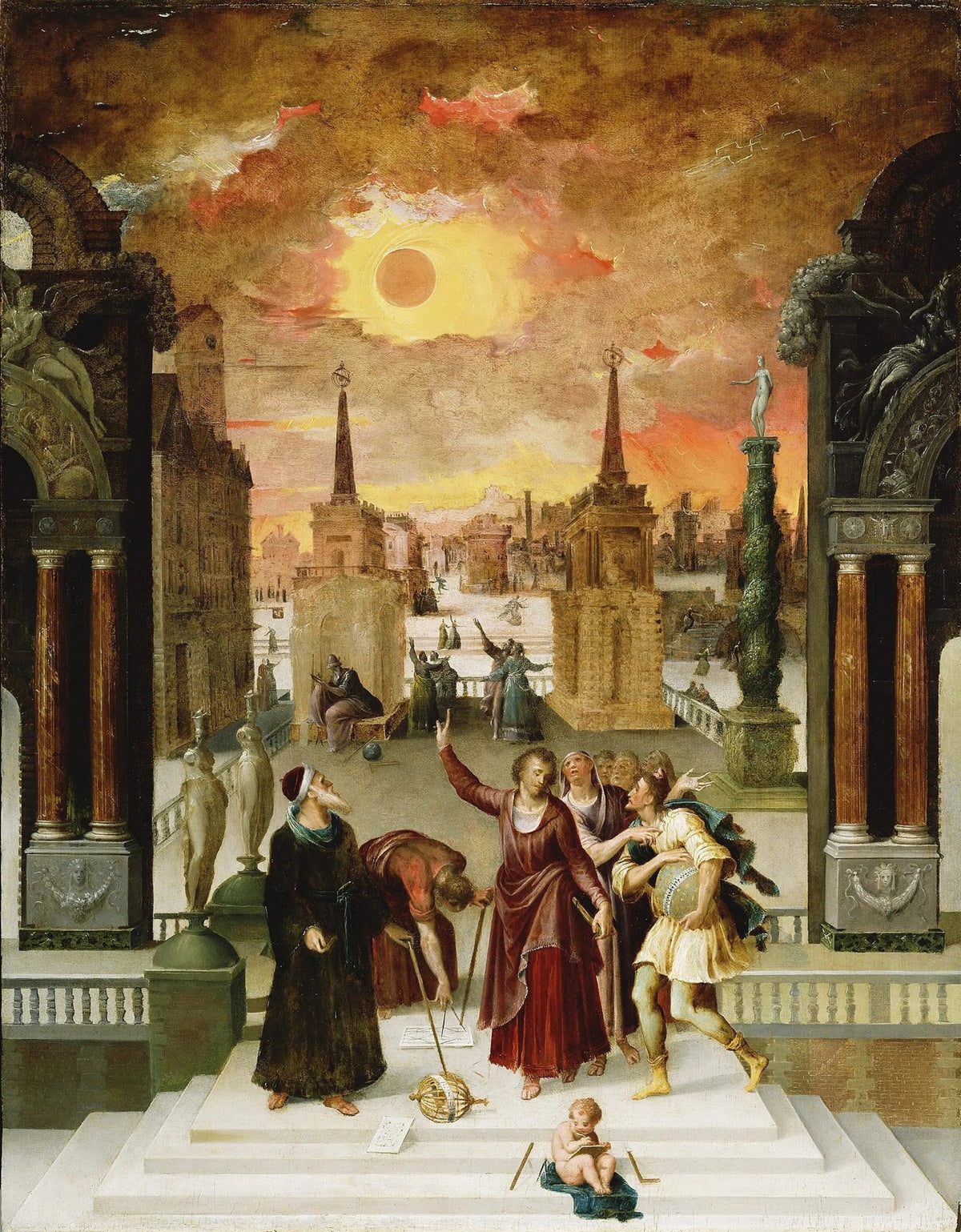 People Oil Painting - Figures in Architectural Scene with Eclipse - Oil Painting Haven
