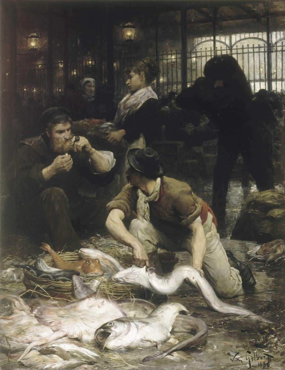 People Oil Painting - Fish Market Workers Preparing the Catch - Oil Painting Haven