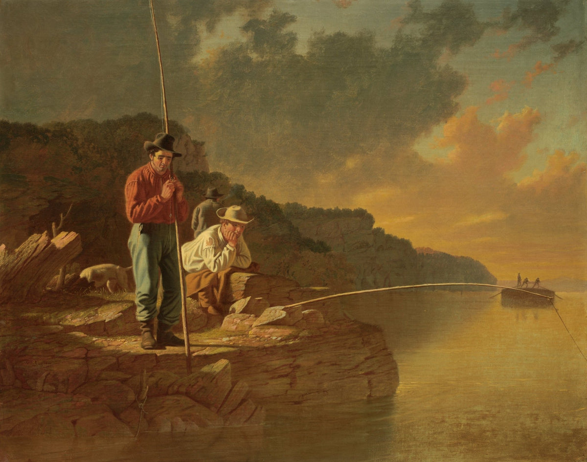 People Oil Painting - Fishermen by River Sunset Landscape - Oil Painting Haven