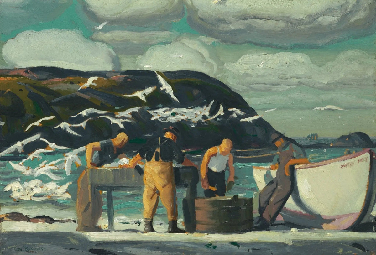 People Oil Painting - Fishermen by Seaside with Boat - Oil Painting Haven