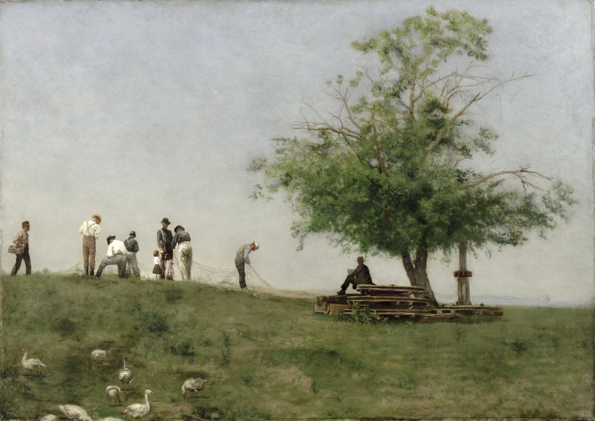 People Oil Painting - Fishermen Mending Nets in Quiet Meadow - Oil Painting Haven
