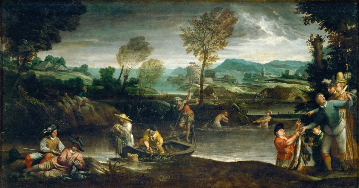People Oil Painting - Fishermen Working Along a Scenic River - Oil Painting Haven