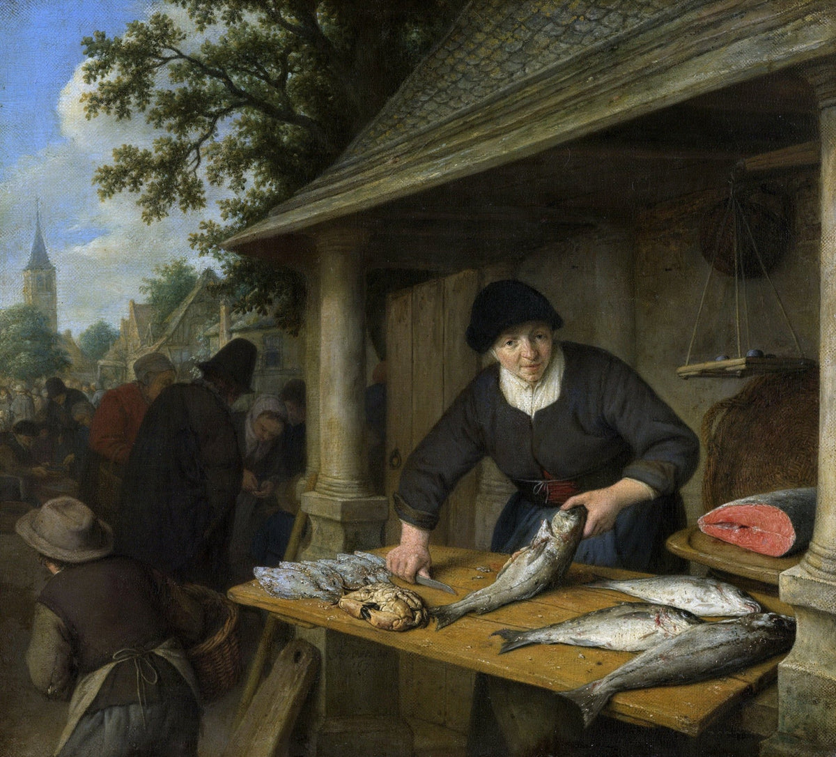 People Oil Painting - Fishmonger Preparing Catch in Market Scene - Oil Painting Haven