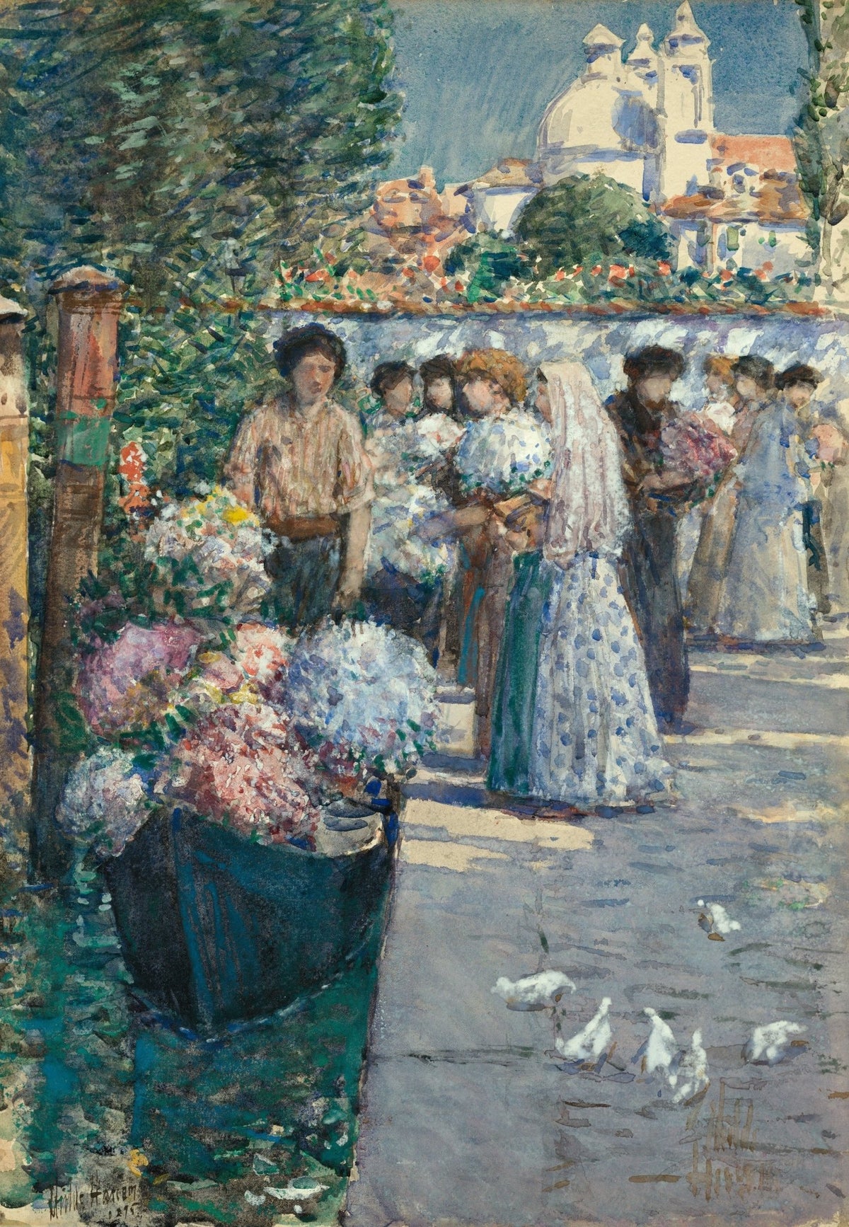 People Oil Painting - Flower Market Scene in a Sunlit City - Oil Painting Haven