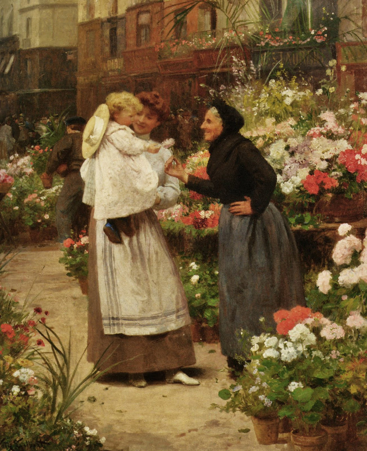 People Oil Painting - Flower Seller and Child Garden Scene - Oil Painting Haven