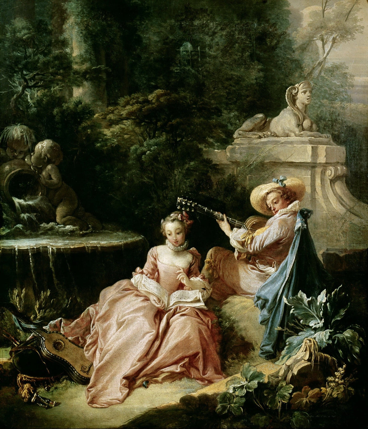 People Oil Painting - Garden Music Scene with Fountain Figures - Oil Painting Haven