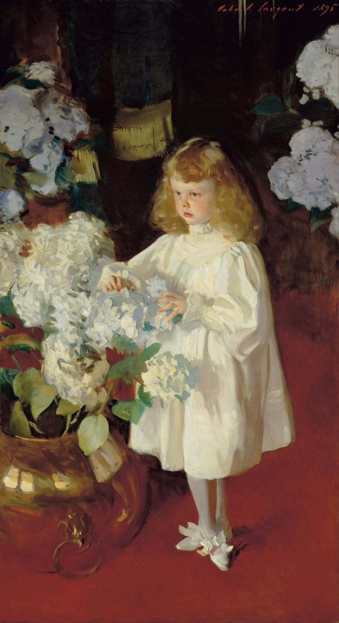 People Oil Painting - Girl in White Dress with Flowers - Oil Painting Haven