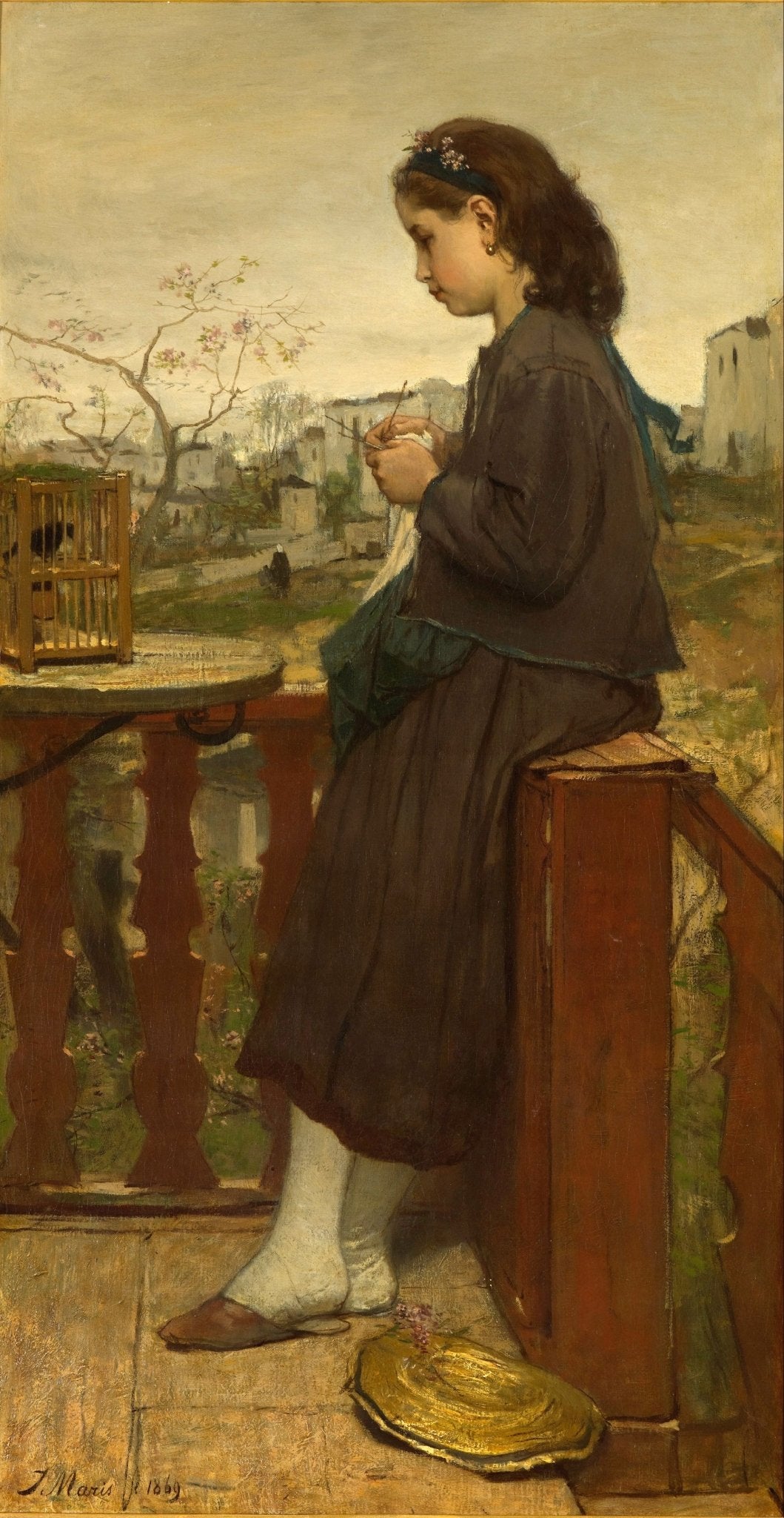 People Oil Painting - Girl Knitting on Balcony Montmartre - Oil Painting Haven