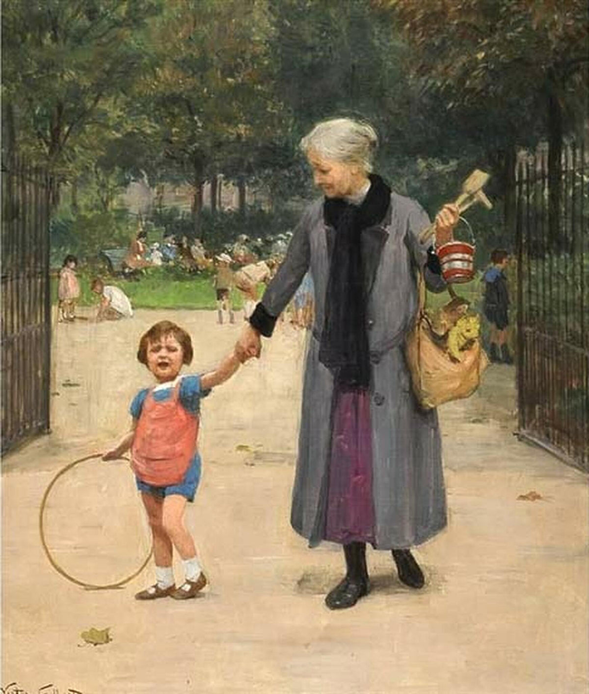 People Oil Painting - Grandmother and Child in Park Scene - Oil Painting Haven