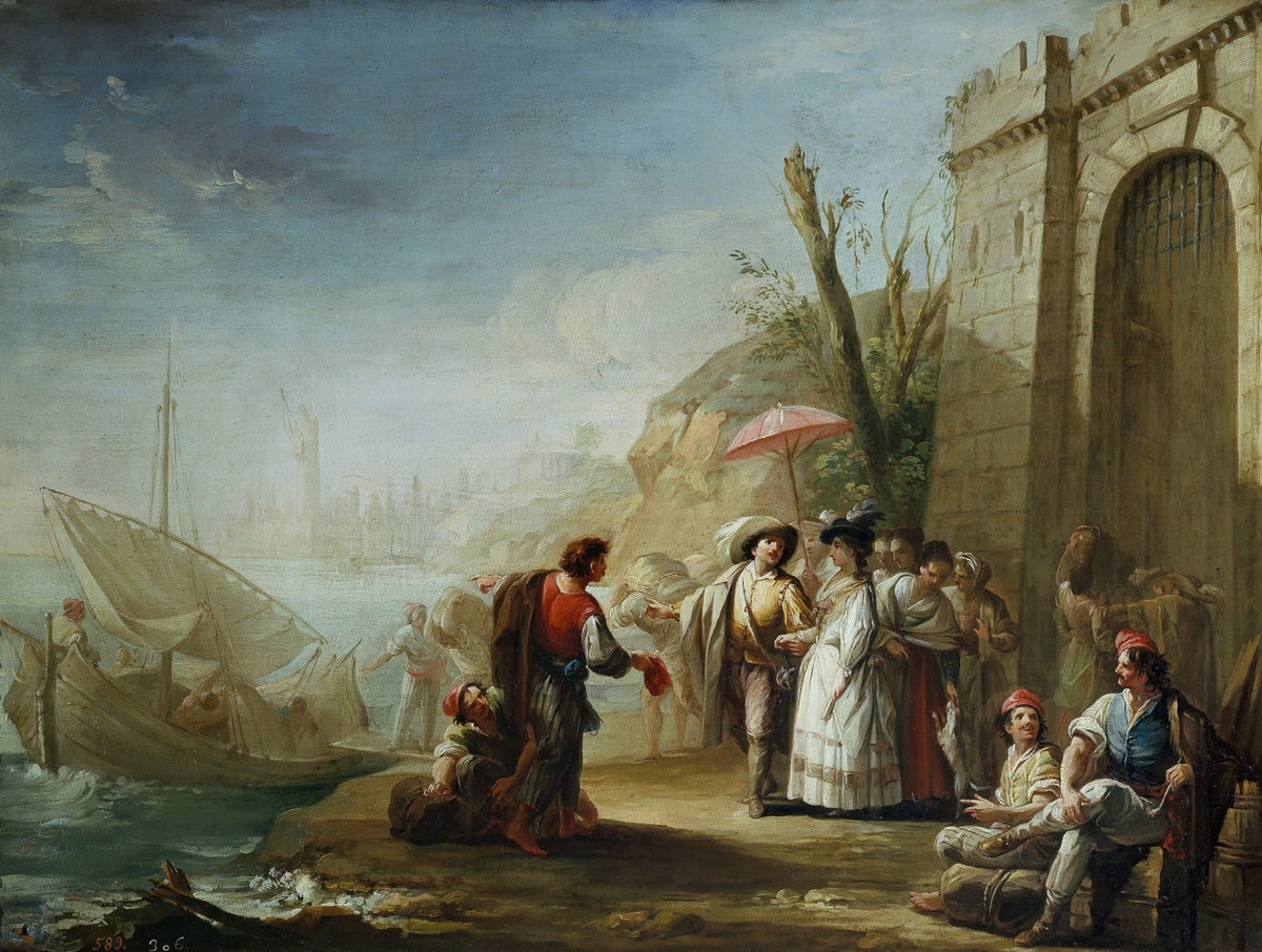 People Oil Painting - Harbor Scene with Figures by City Gate - Oil Painting Haven