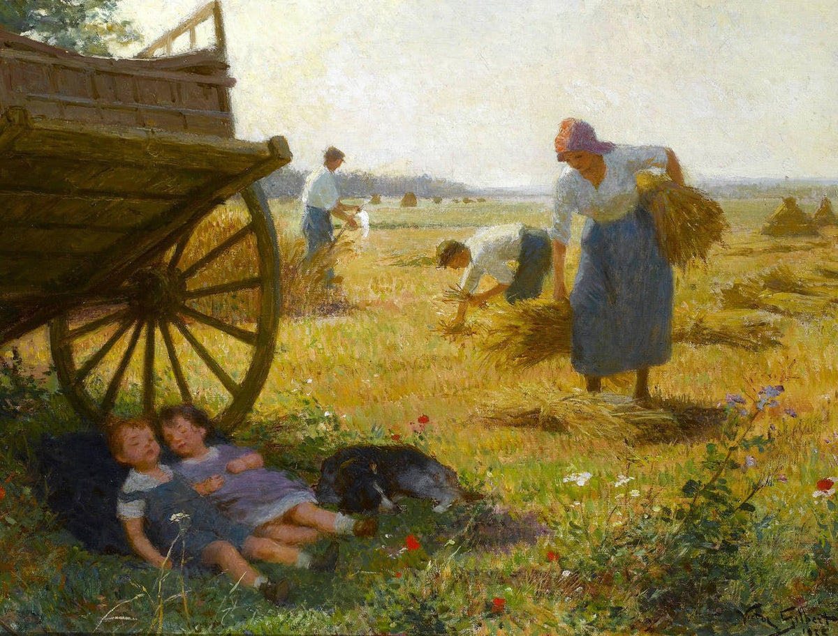 People Oil Painting - Harvest Field Workers and Children Scene - Oil Painting Haven