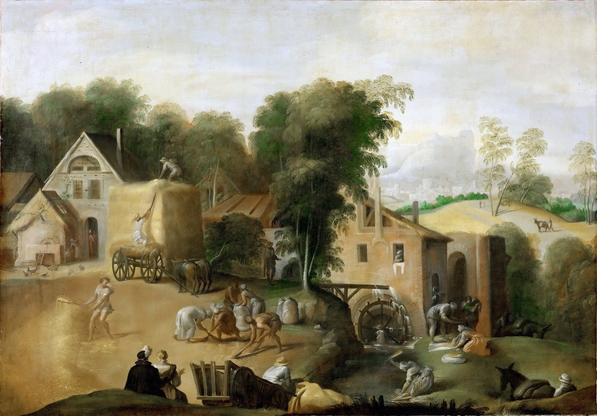 People Oil Painting - Harvest Workers at Rustic Watermill Village - Oil Painting Haven