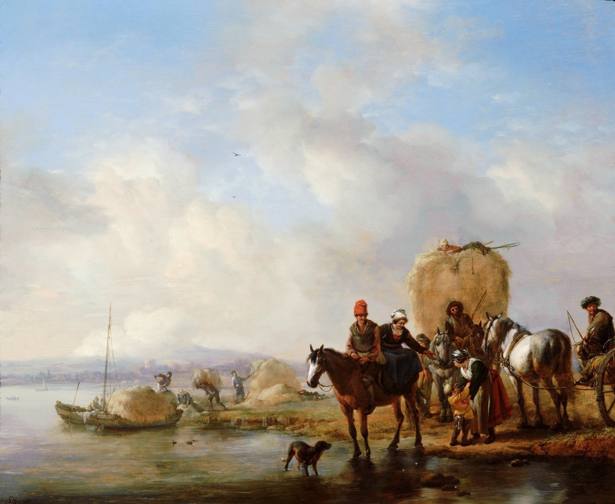 People Oil Painting - Hay Wagon Scene with Horses by River - Oil Painting Haven