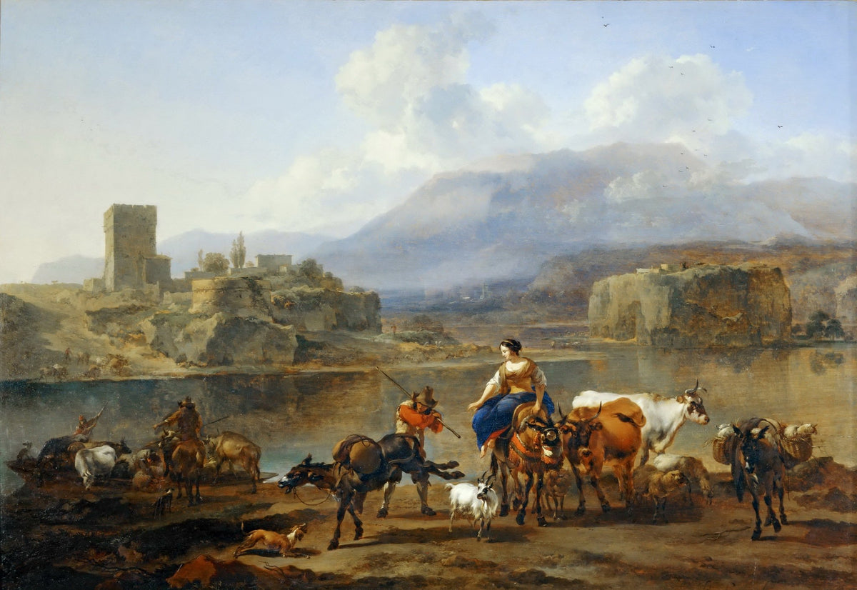 People Oil Painting - Herd Crossing River in Italian Landscape - Oil Painting Haven