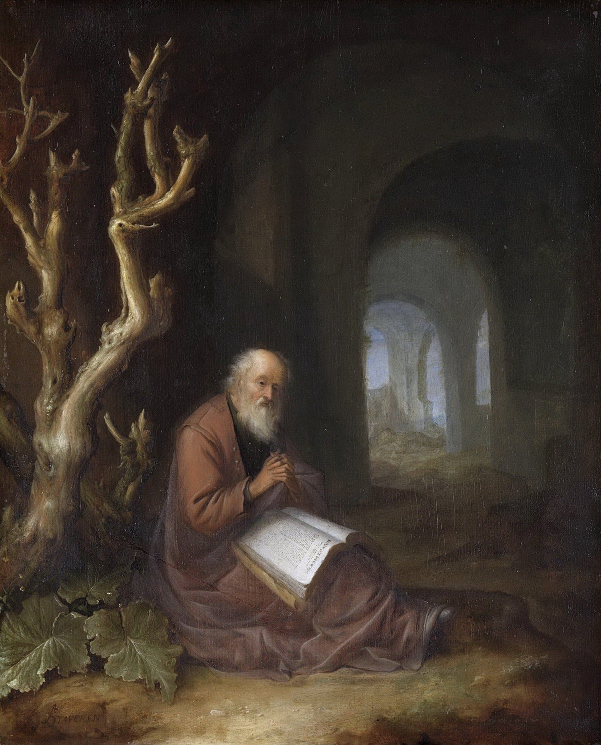 People Oil Painting - Hermit in Ruins Reading Scene - Oil Painting Haven