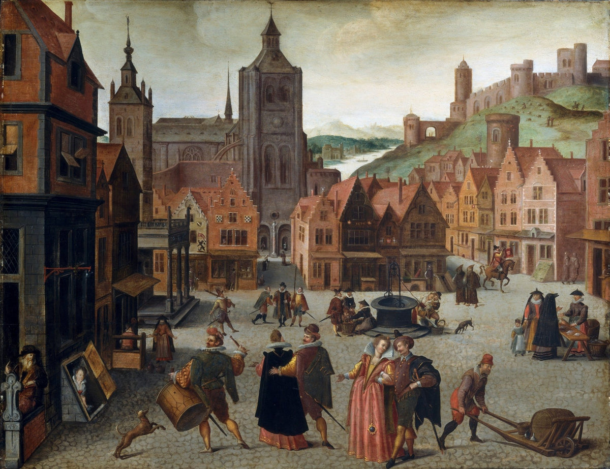 People Oil Painting - Historic Town Square Daily Life Scene - Oil Painting Haven